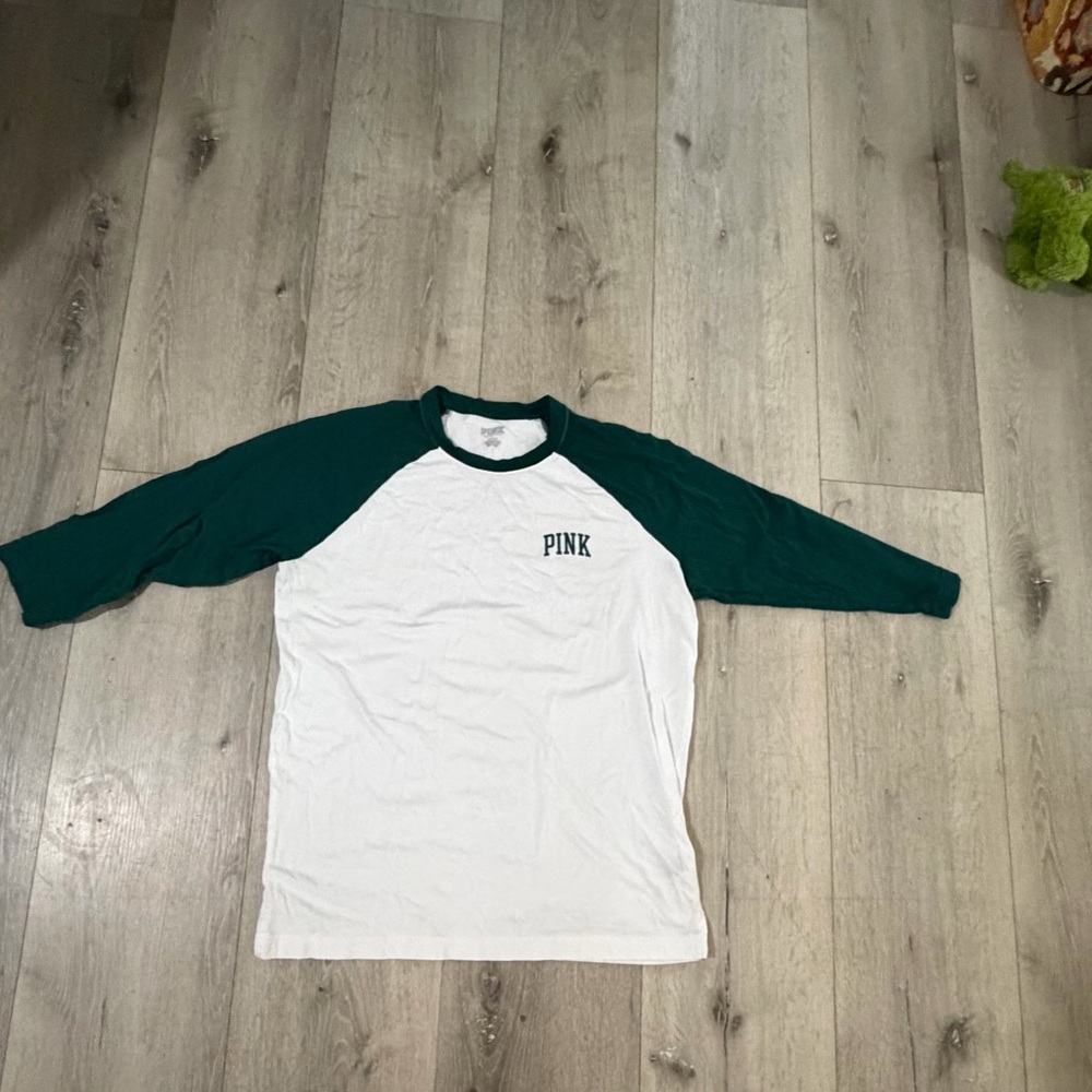 PINK Victoria's Secret Green and White Raglan Shirt